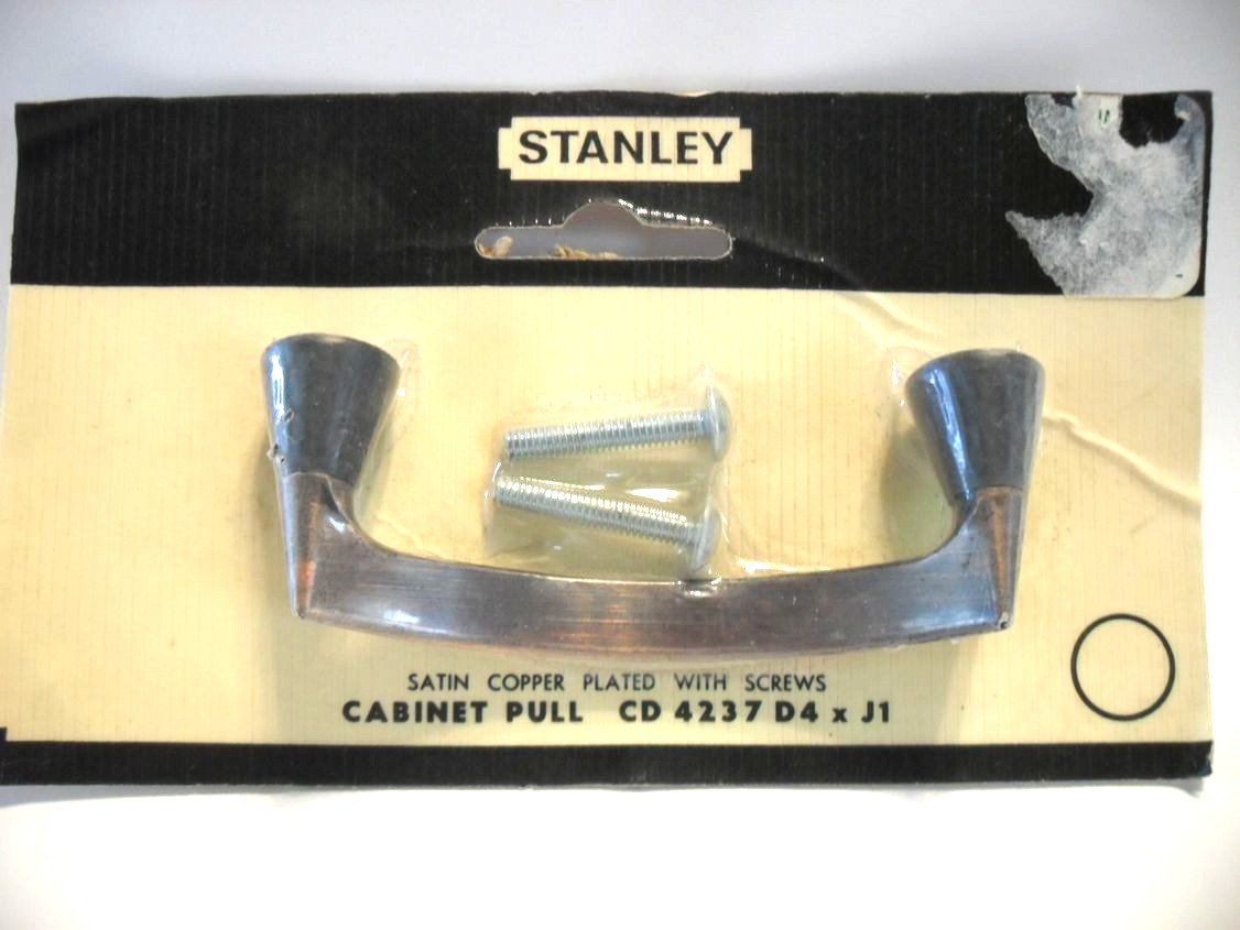 Vintage Nos Satin Copper Curved Drawer Pull Black Bases Cabinet Handle Stanley