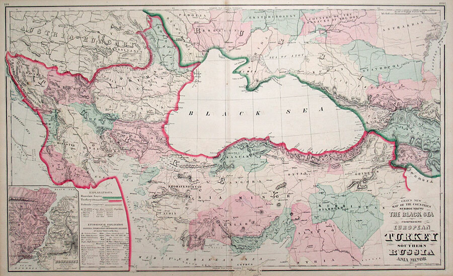 ORIGINAL 1878 MAP, BLACK SEA REGION, TURKEY, UKRAINE, CRIMEA, S.RUSSIA, BALKANS