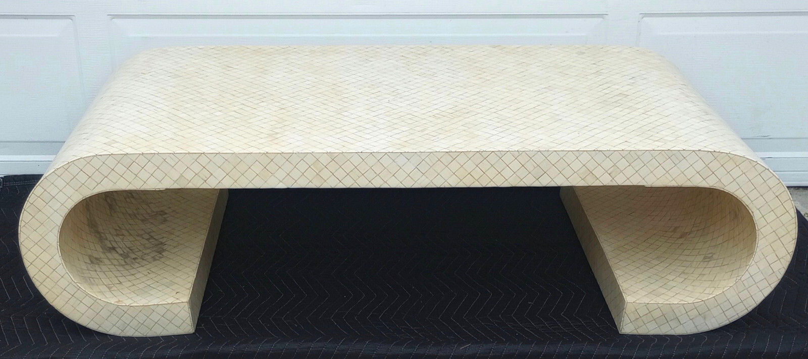 Vintage Mid Century Tessellated Bone Inlay Scroll Coffee Table