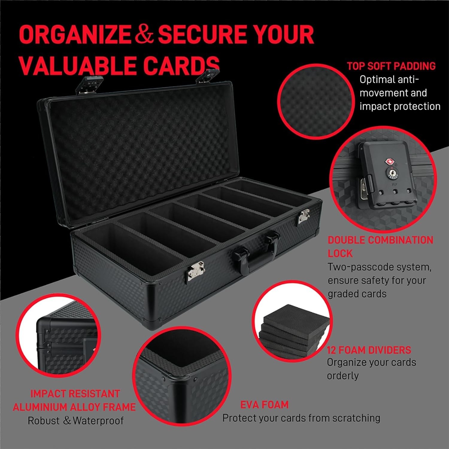 6 Row 250+ TSA Combination Lock Trading Deck Cases Graded Card Case Psa Graded C