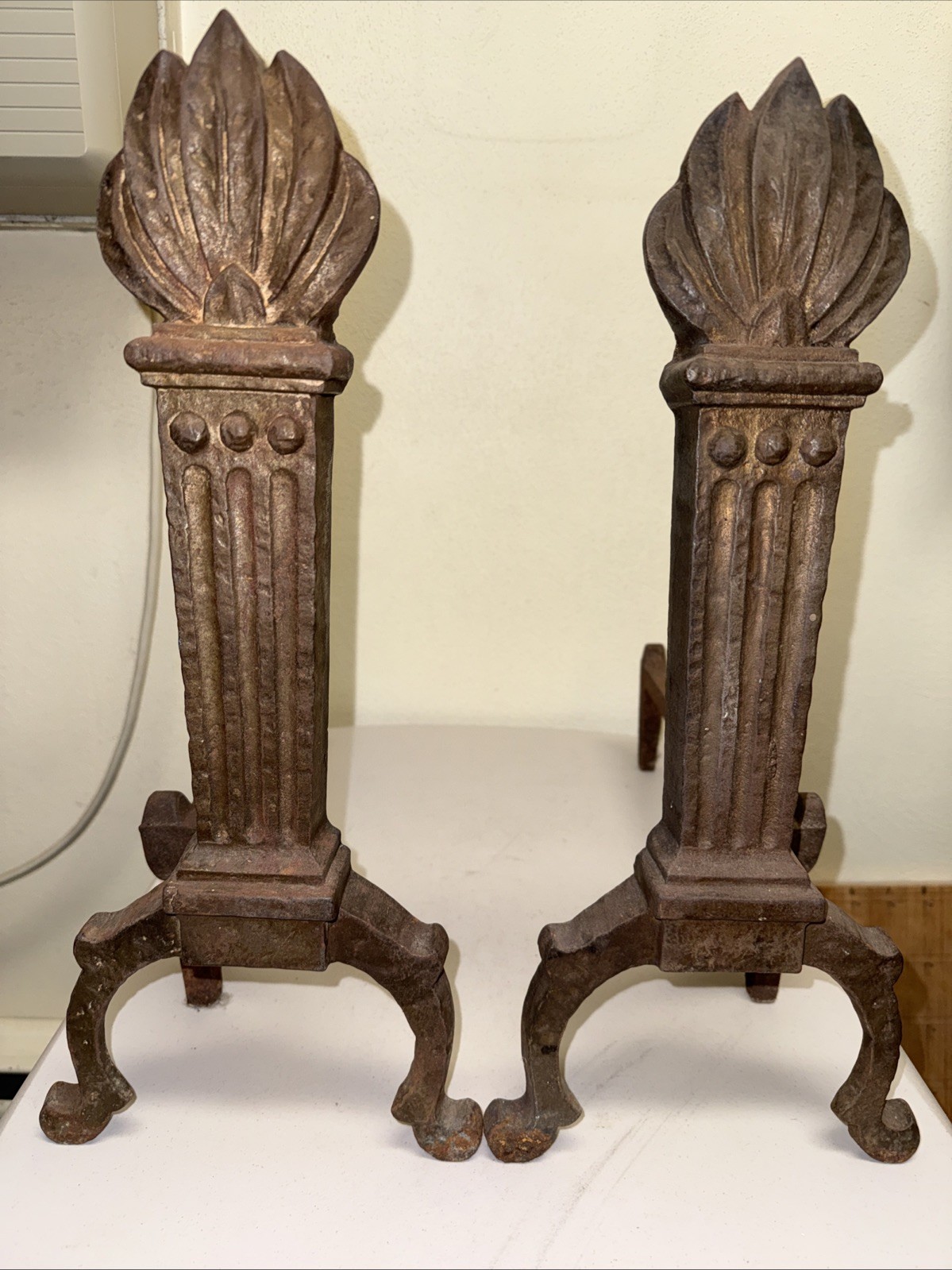 Pair of Art Deco Andirons Arts & Crafts Era Hammered Cast Iron Fireplace Antique