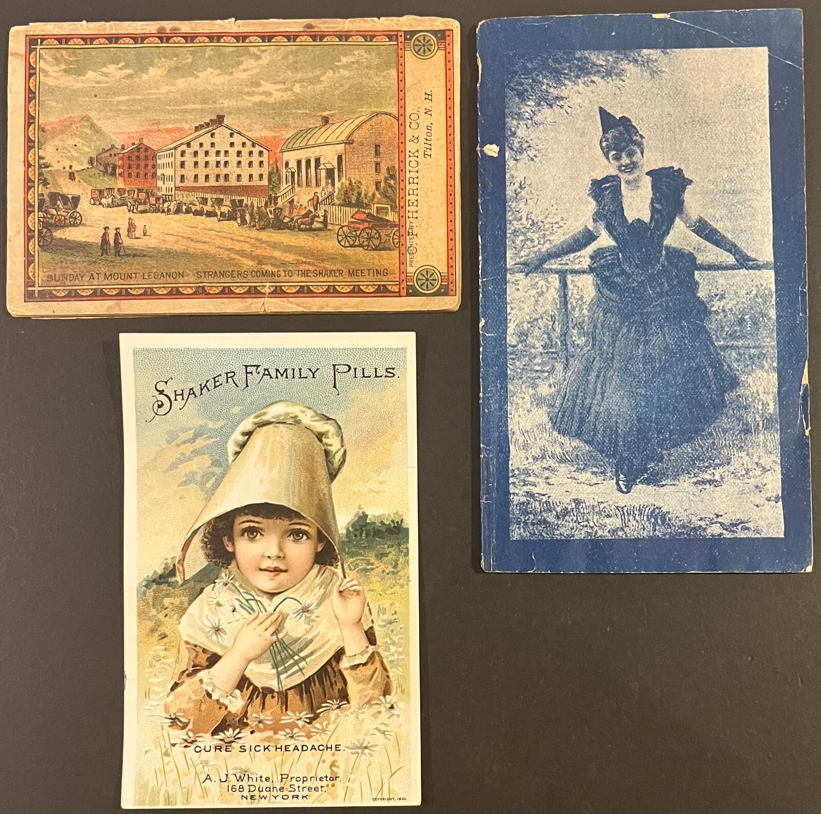1891 SHAKER FAMILY PILLS TRADECARD & LIFE AMONG SHAKERS CHAPBOOKS QUACK MEDICINE