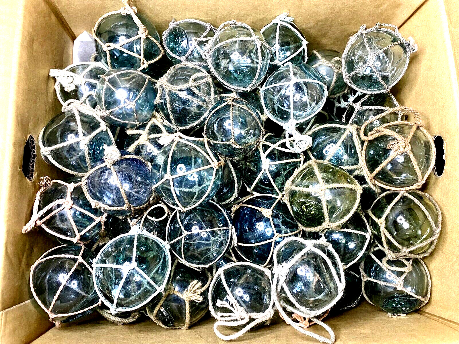 Set-12 Japanese GLASS Fishing Floats Netted 2.2″-3″ Antique Vintage Blue , Green