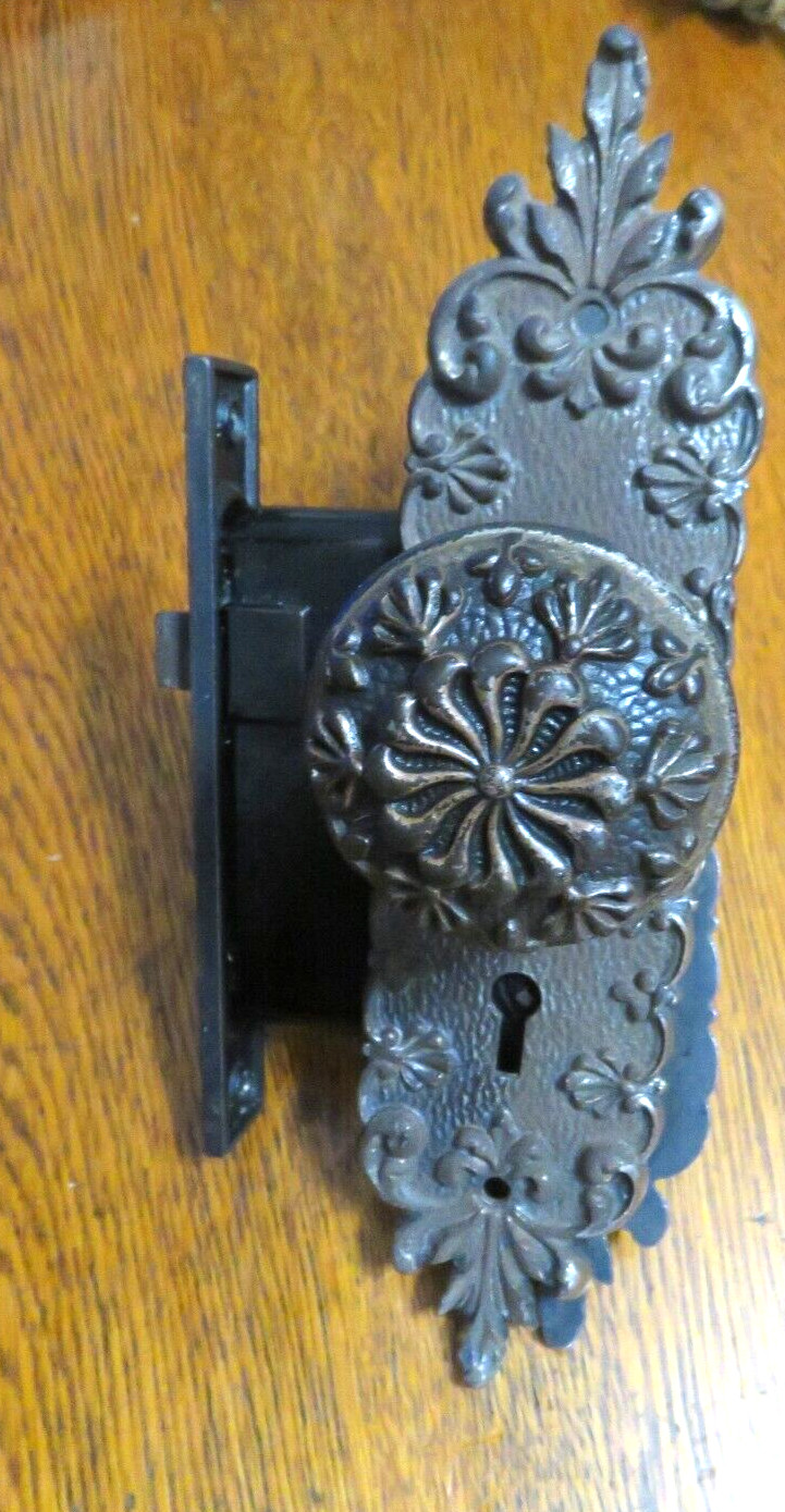 Vintage Ornate Cast Iron Door Knobs Back Plates with lock by M.W.Co.