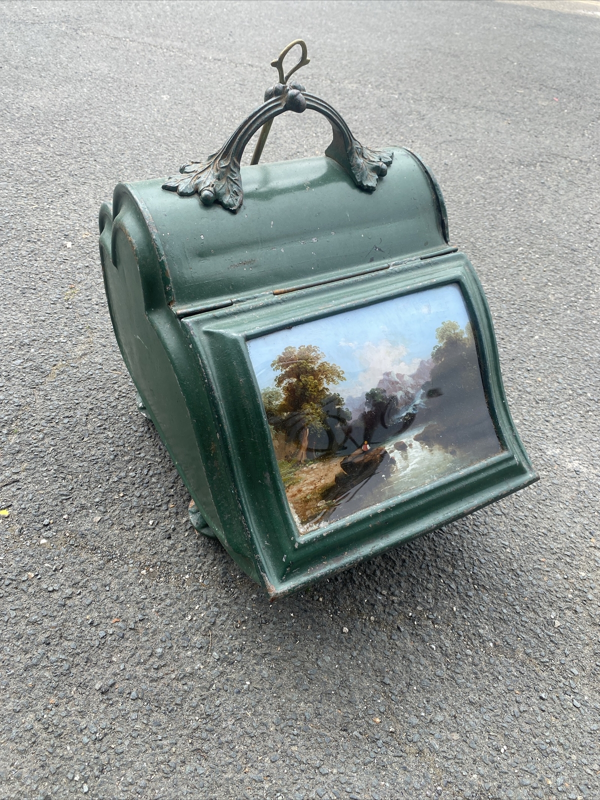 RARE VICTORIAN COAL SCUTTLE Green Henry Loveridge Hand Painted River Scene