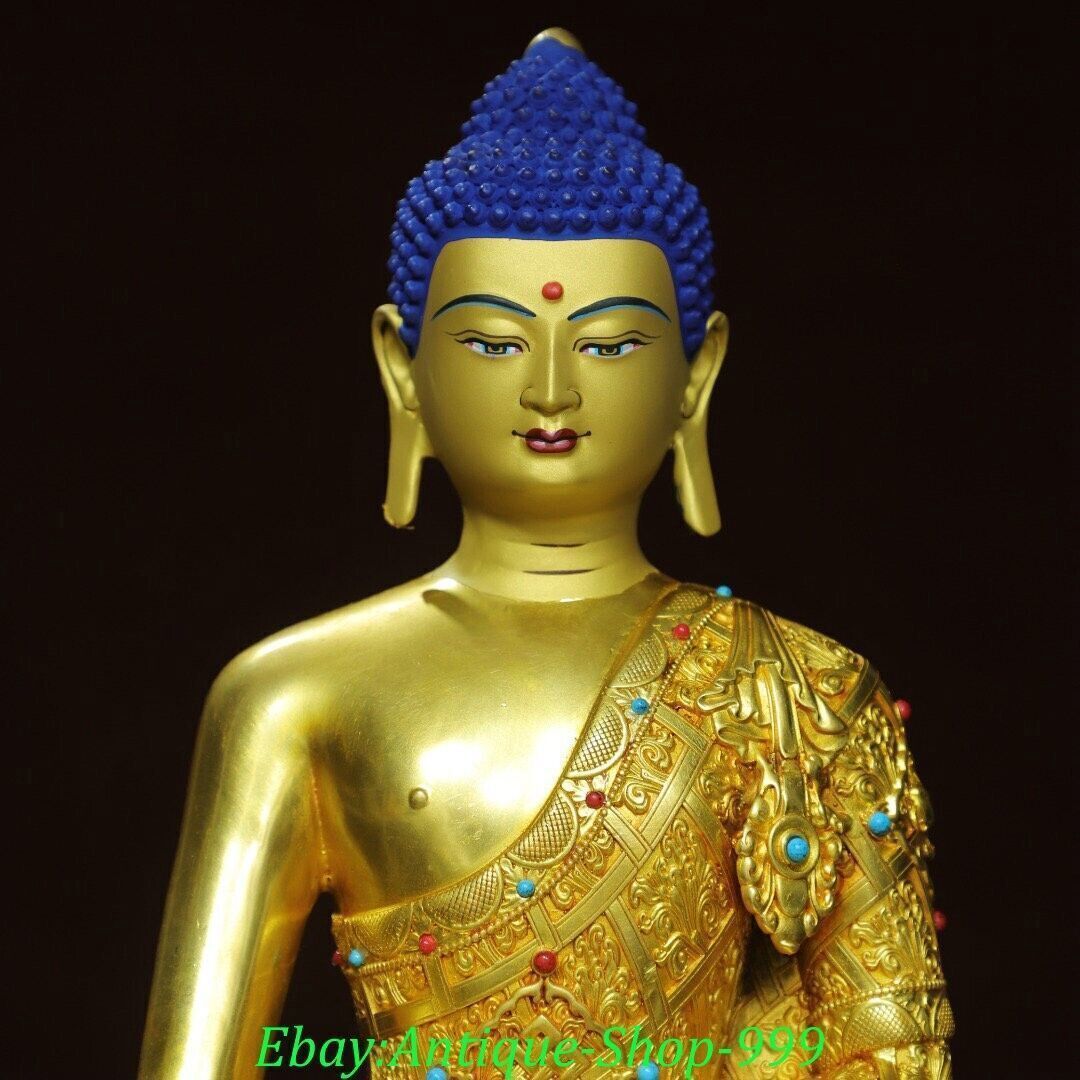 13″ Old Tibet Copper Painting Gilt Gems Menla Medicine Buddha Medical God Statue