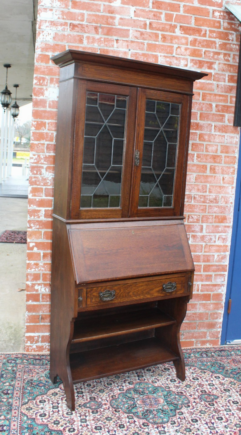 English Antique Mahogany Art & Craft Leaded Glass Secretary Desk / Bookcase