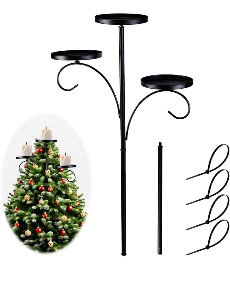 Triple Tree Topper Shelf – Black Metal 3-Tier Candle Holder Candelabra (23.6in)