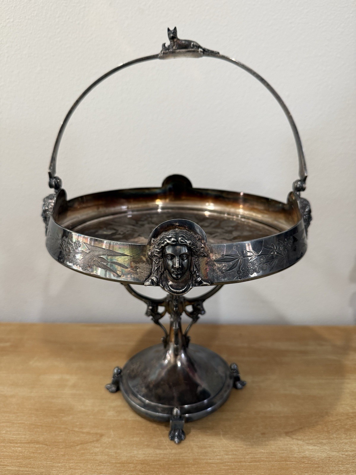 Victorian Bridal Basket Silver Plated • Etched • Ram • Hummingbird • Fox #2544