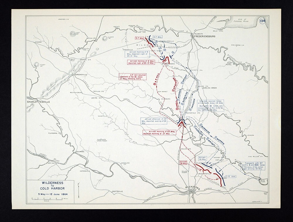 Civil War Map Wilderness Spotsylvania Hanover Jct Cold Harbor Richmond VA Battle