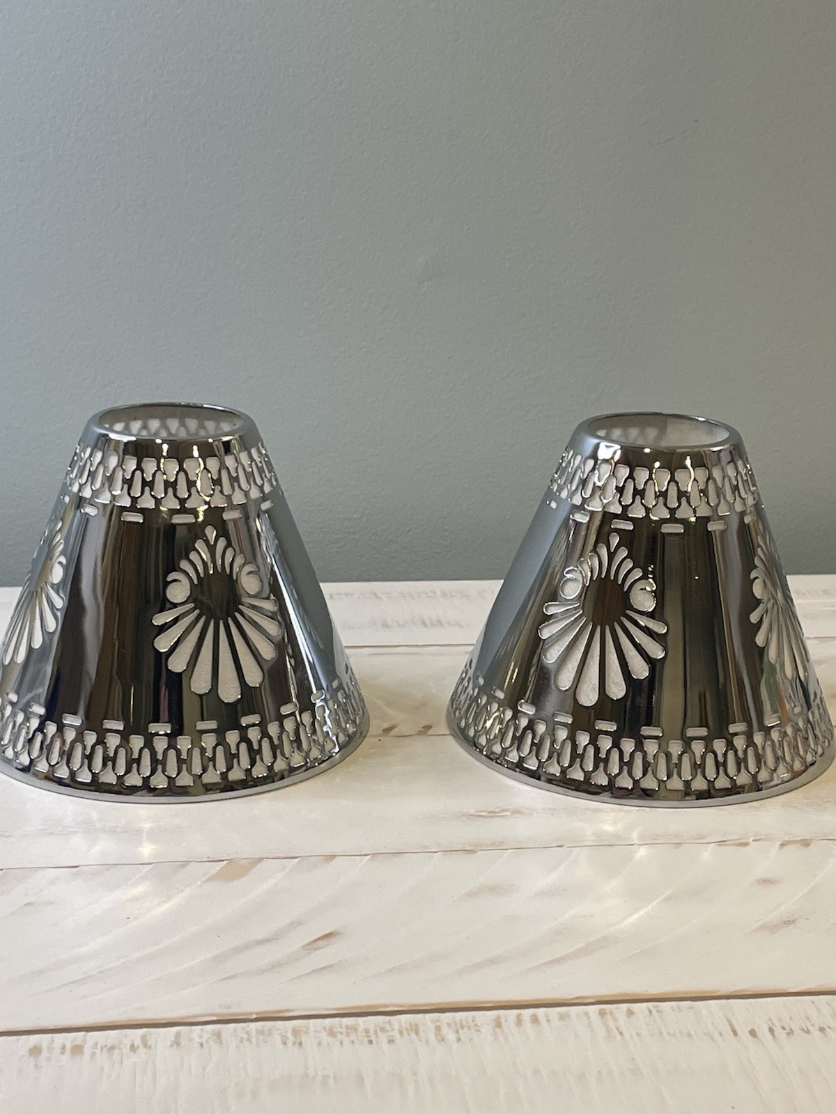 ESTATE Vintage Silver Plated? Lamp Shades Lined Set Of 2 Art Deco Traditional