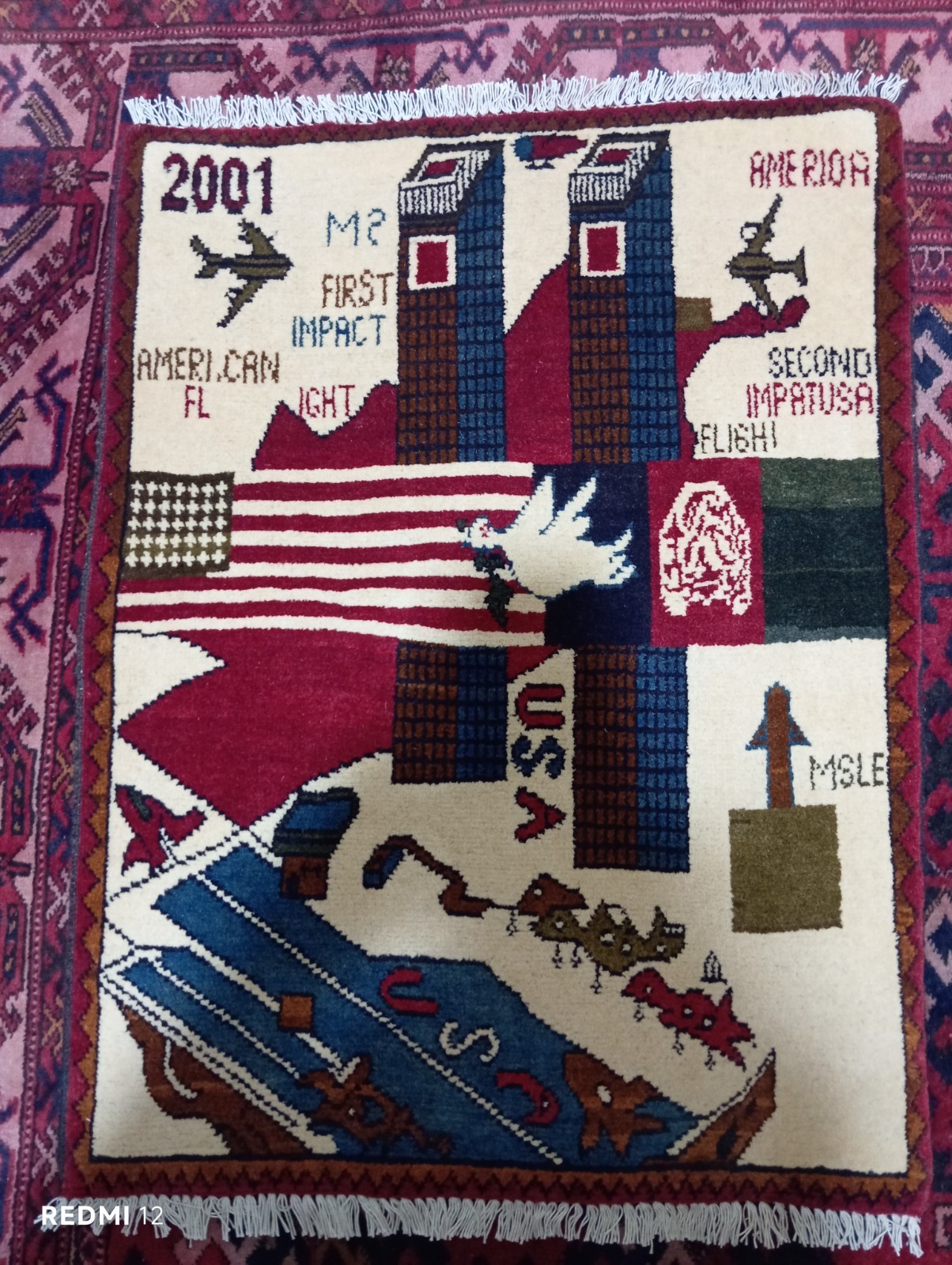 Handmade Afghan War Rug – 9/11 Memorial Twin Towers & USA Flag – 2.8×2.1 ft
