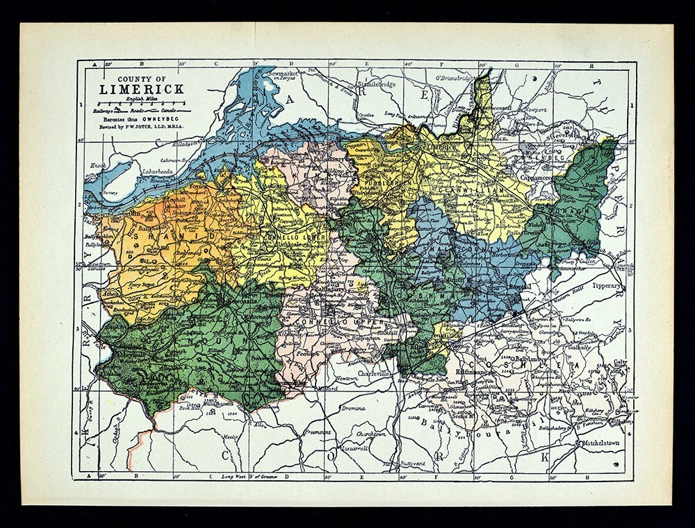 1900 Ireland Map Limerick County Adare Askeaton Kilmallock Newcastle Foynes Glin
