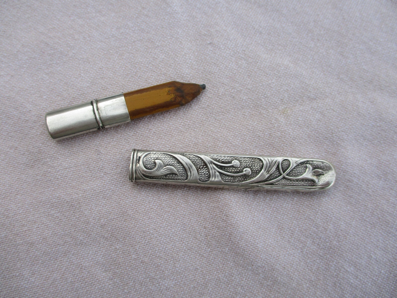 ANTIQUE FRENCH SOLID SILVER GUILLOCHE PENCIL HOLDER ART NOUVEAU MISTLETOE XIXthC