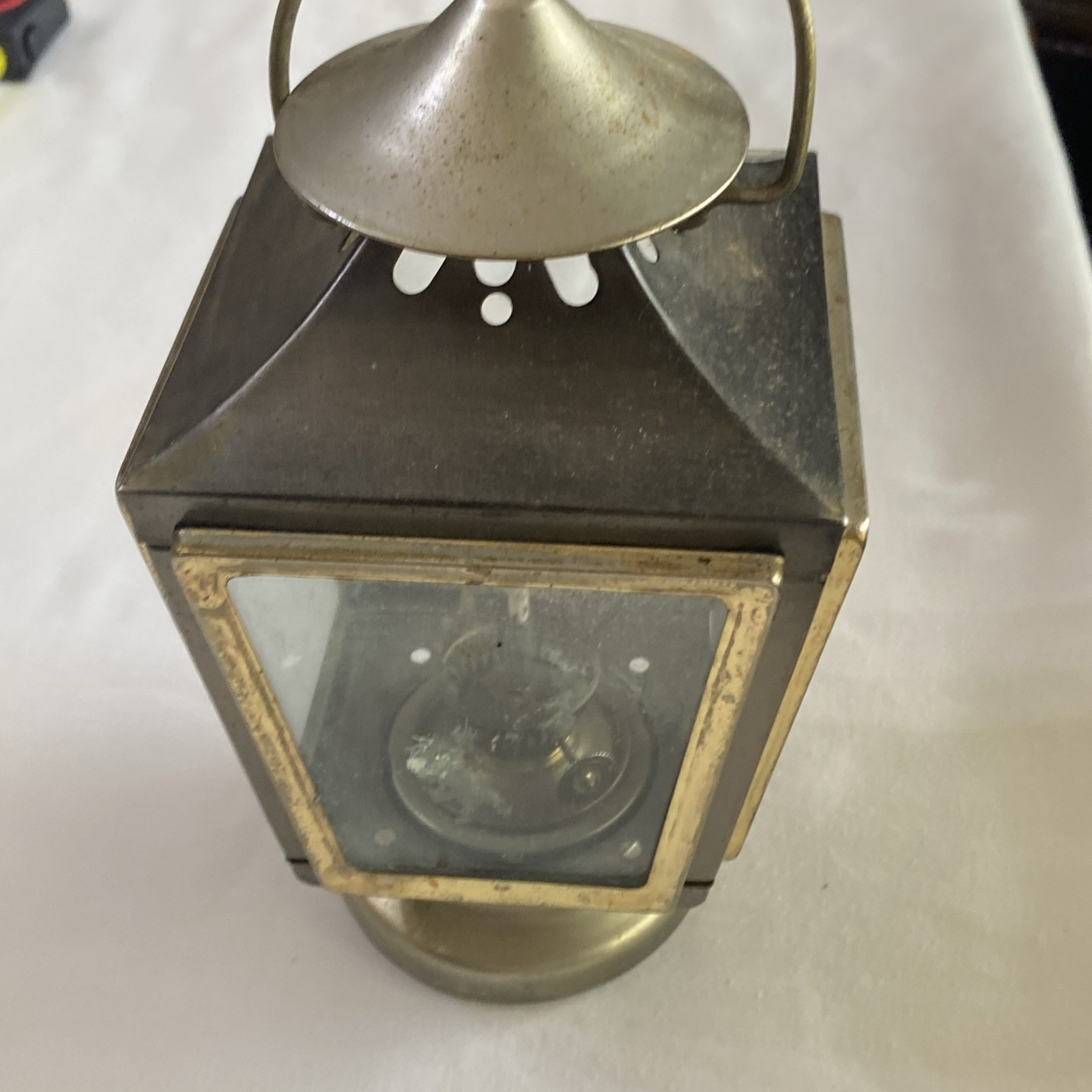 Vintage Kerosene Lamp Maritime Oil Lantern Four Glass Panels Brass Frame Works