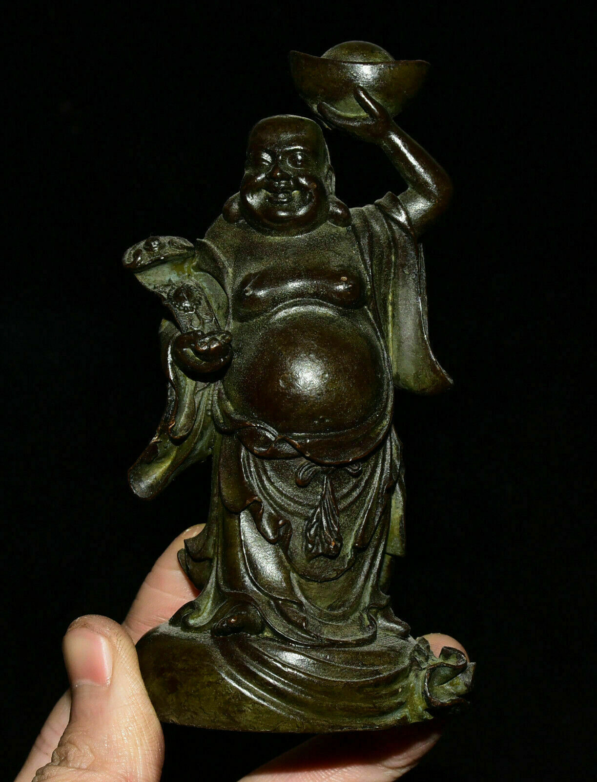 11CM Old Tibeten Buddhism Bronze Happy Laugh Maitreya Ruyi Yuanbao Buddha Statue