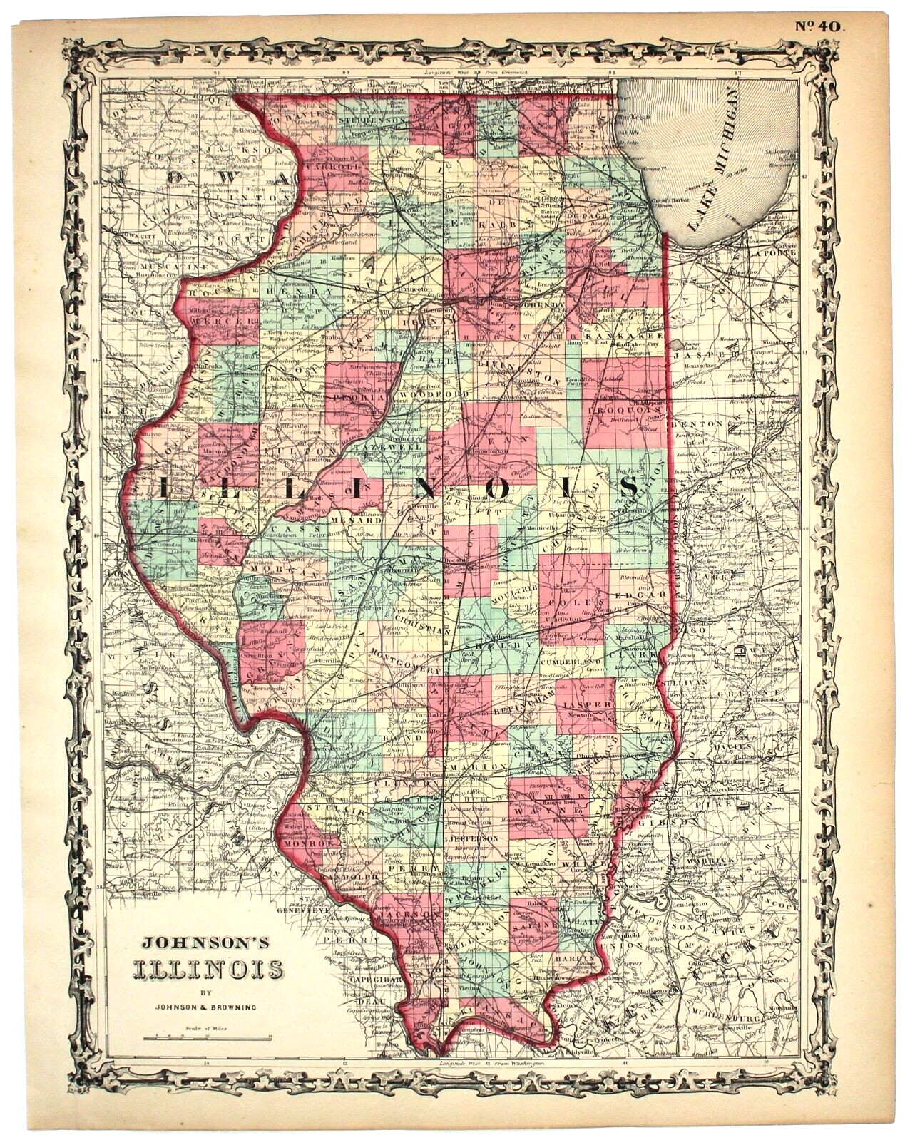 “ILLINOIS” Antique original hand colored map 1860