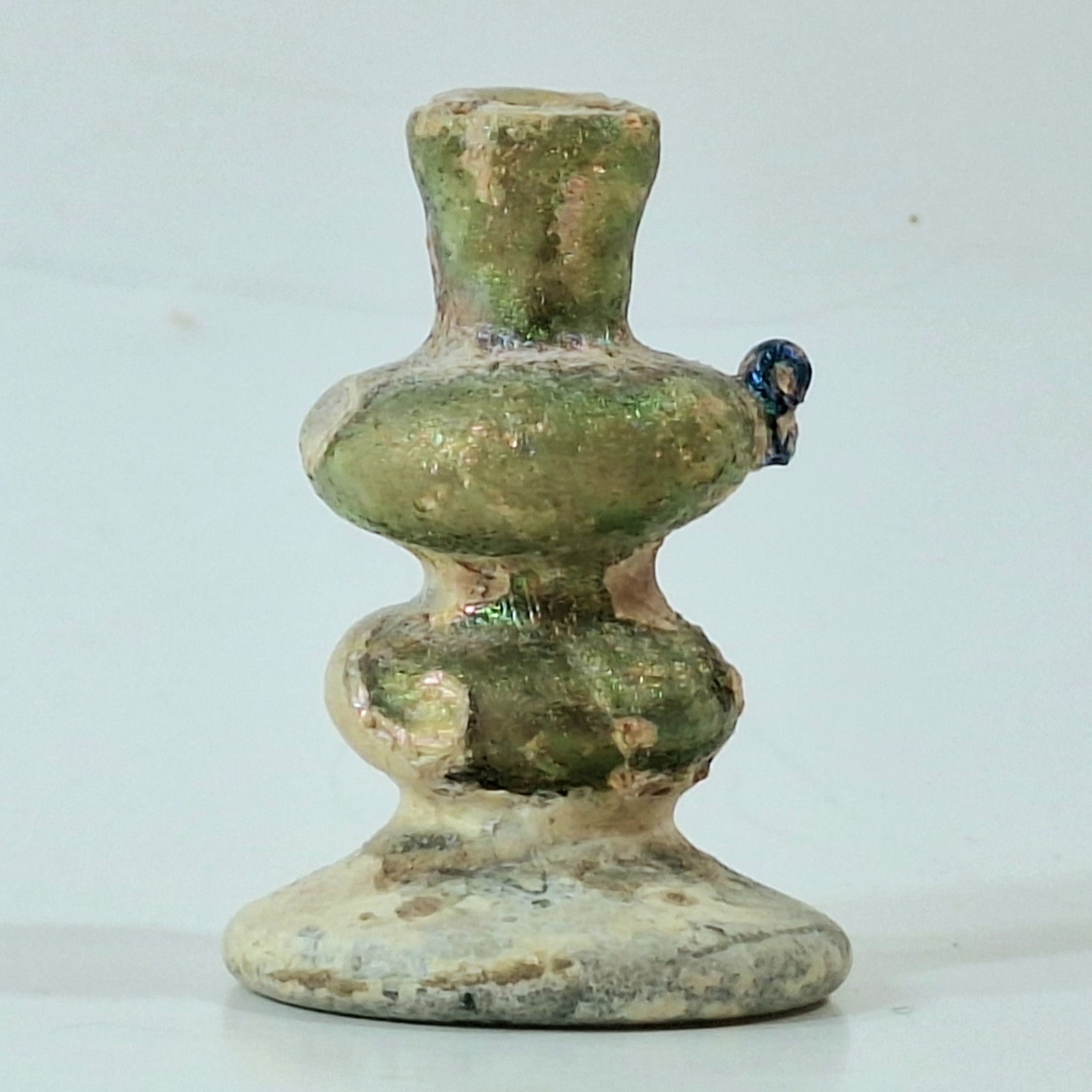 Roman Glass Gutta Dropper Vessel with Golden Iridescent Patina and Blue Spout