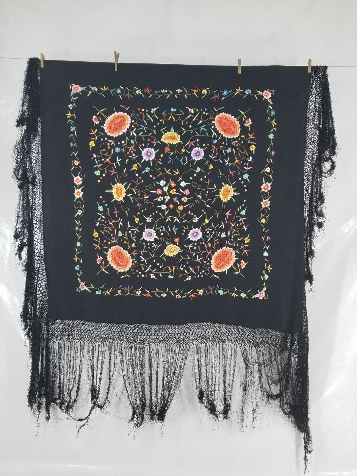 Vintage Chinese Silk Hand Embroidered Floral Piano Shawl 45×44 inches