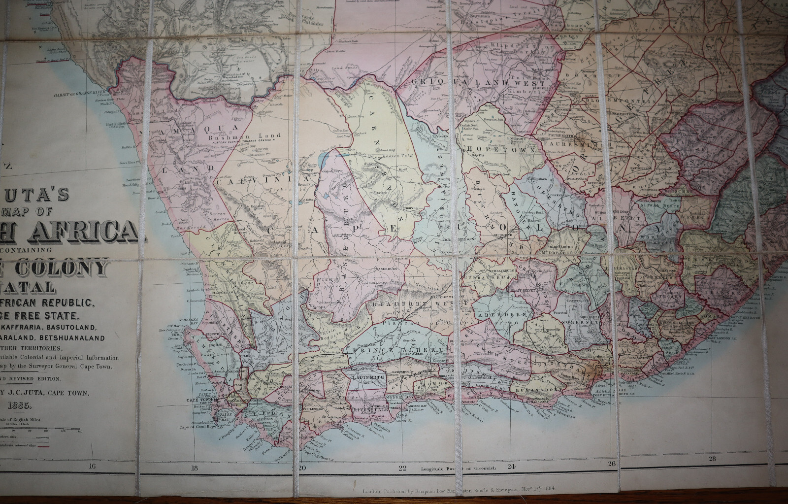 1885 Juta’s Map of South AFRICA Cape Colony Natal Zululand Large Folding Colour