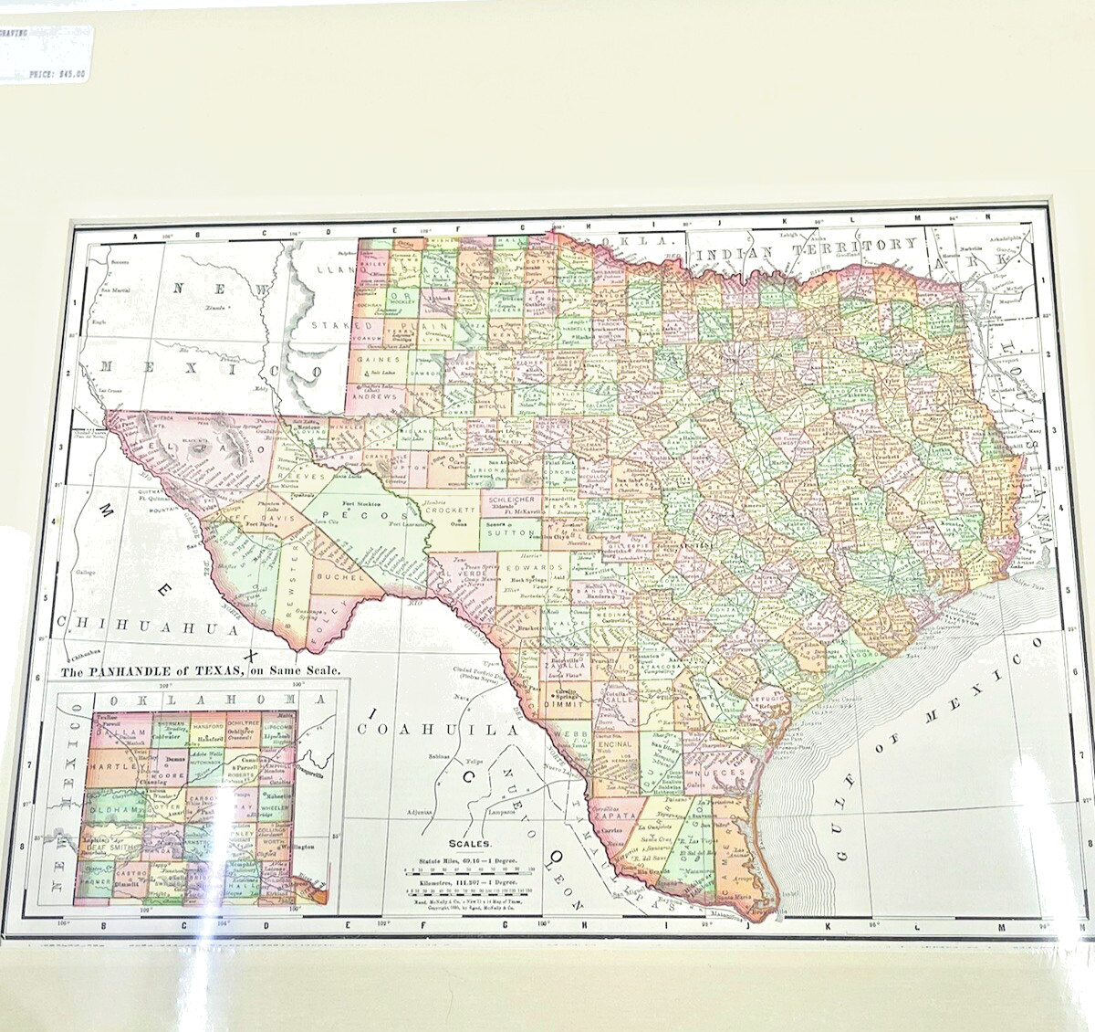 Rand McNally Texas State 1895 Machine Metal Colored Print Map Office Art