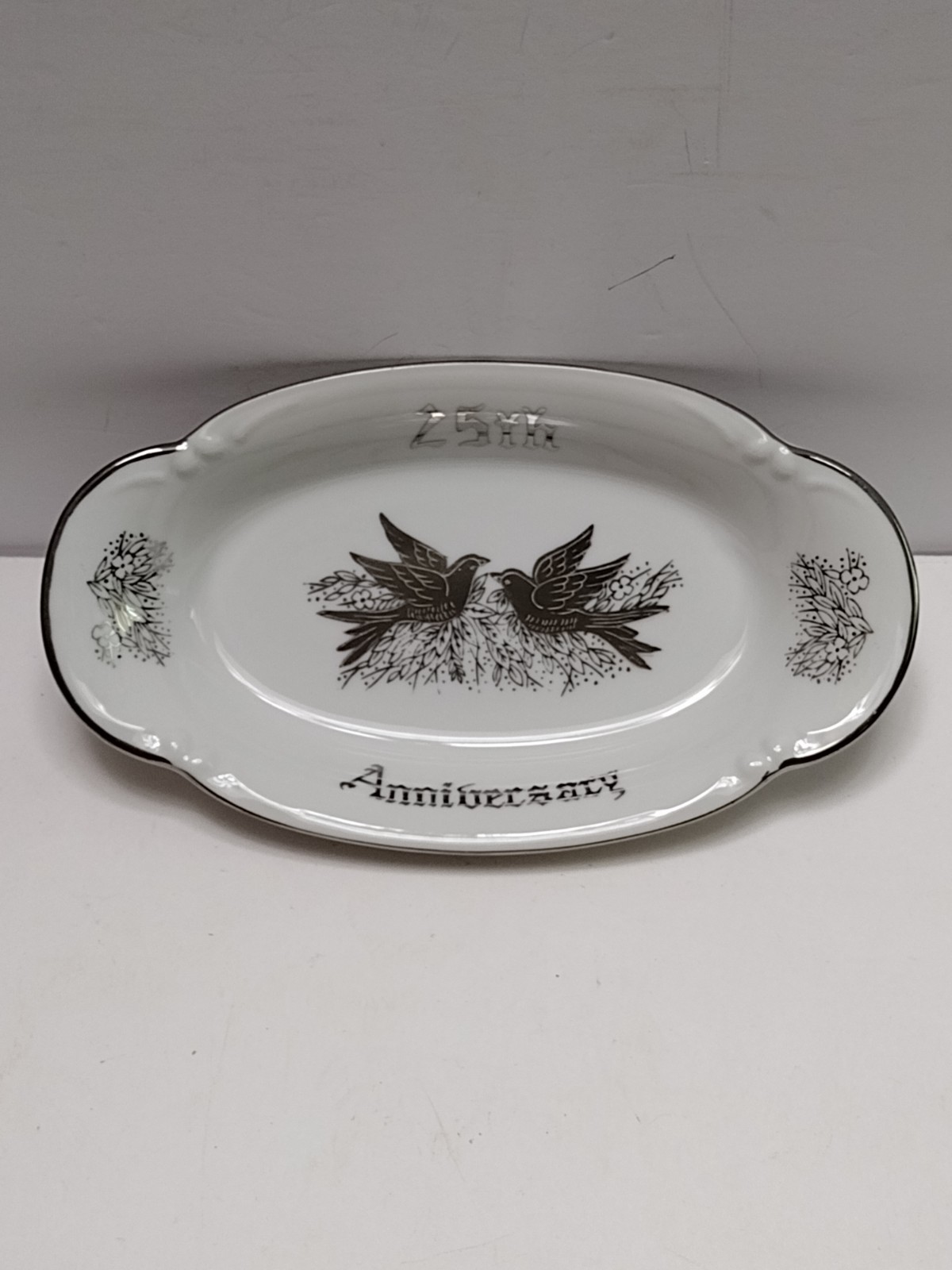 25th Silver Anniversary Dish With Silver Doves 8.5″X5″X1.5″ Good Condition X-445