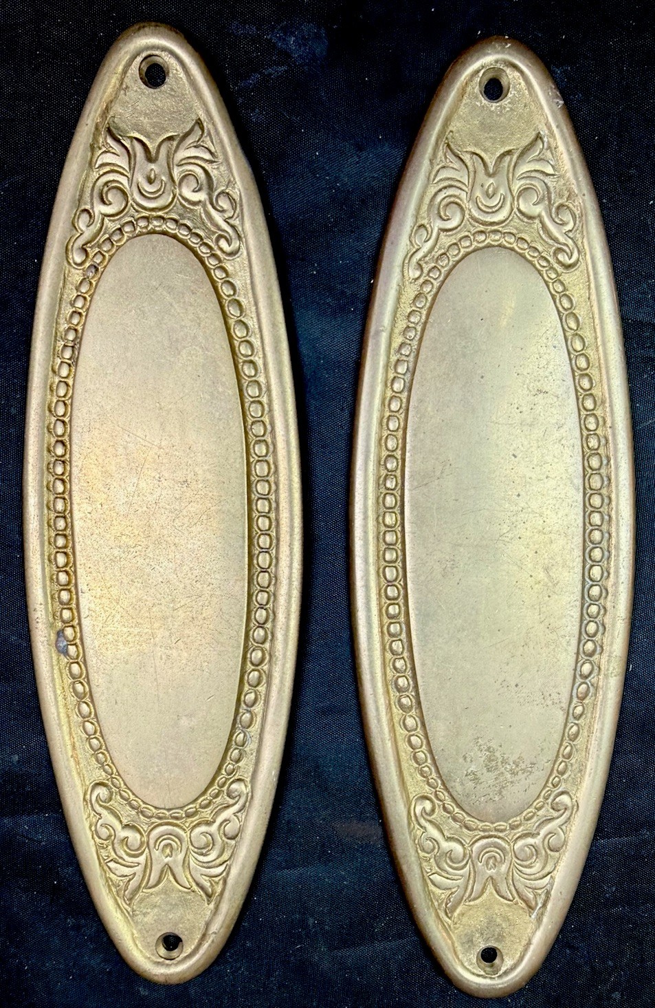 Pair Of Oval Brass Push Plates / Finger Plates With Warm Patina