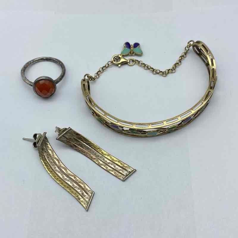 Sterling Silver 925 Jewelry Lot of 3 Carnelian Ring Enamel Bangle Earrings