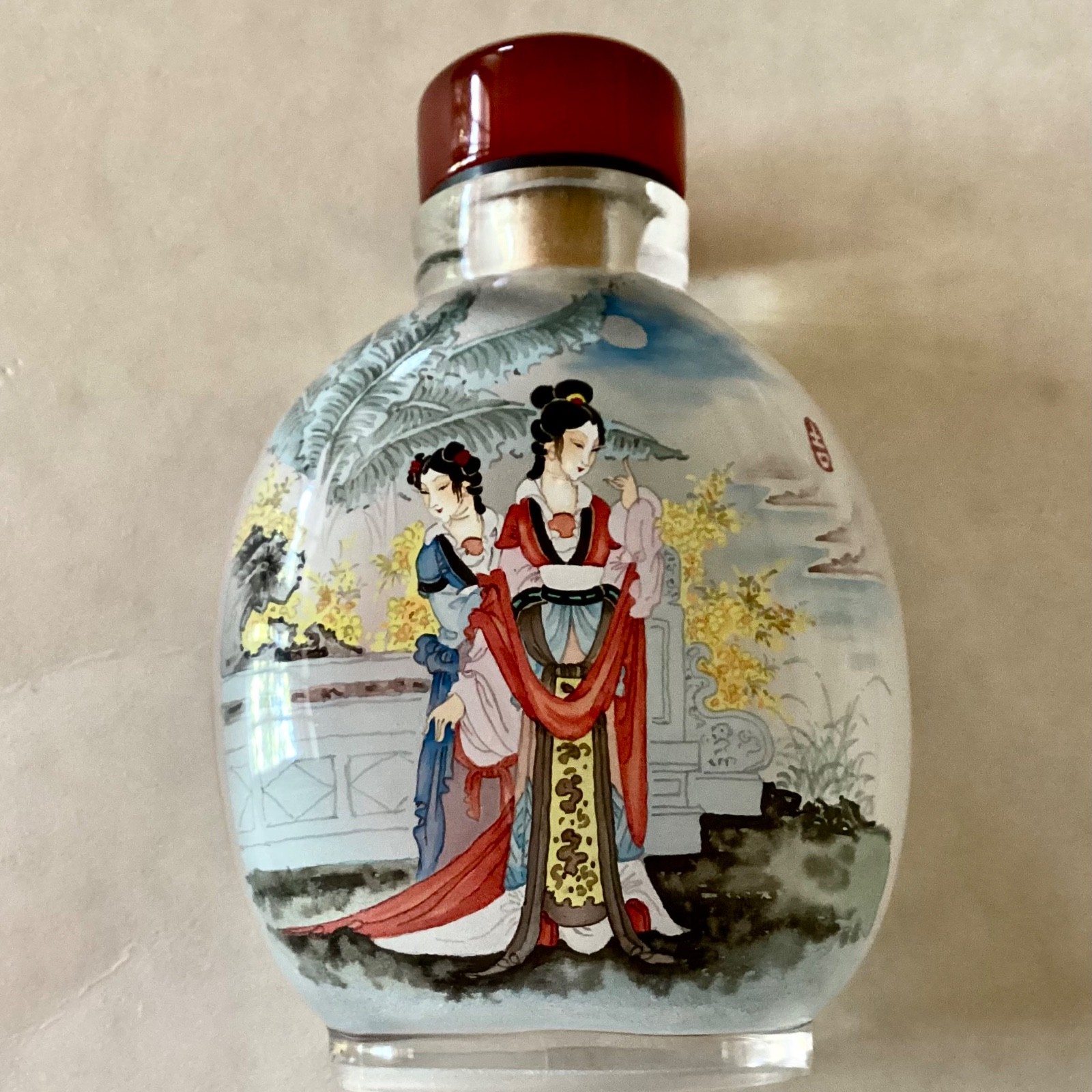 ~Vintage Signed Inside Reverse Painted Crystal Snuff Bottle Qing Dynasty Ladies