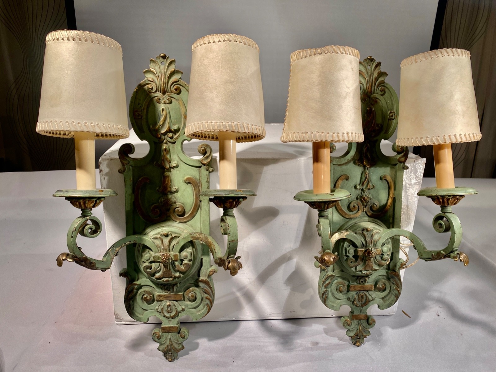 Ornate heavy solid brass painted double wall sconce set. Each weighs appx 6 lbs