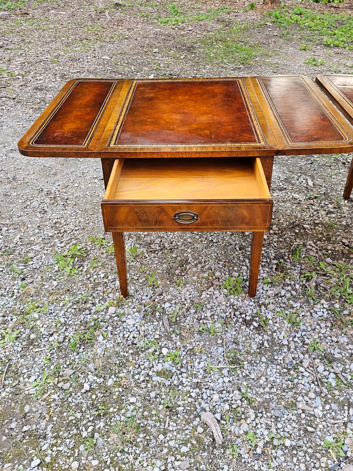 Antique Pembroke Double drop leaf leather top end table Pair by Weiman