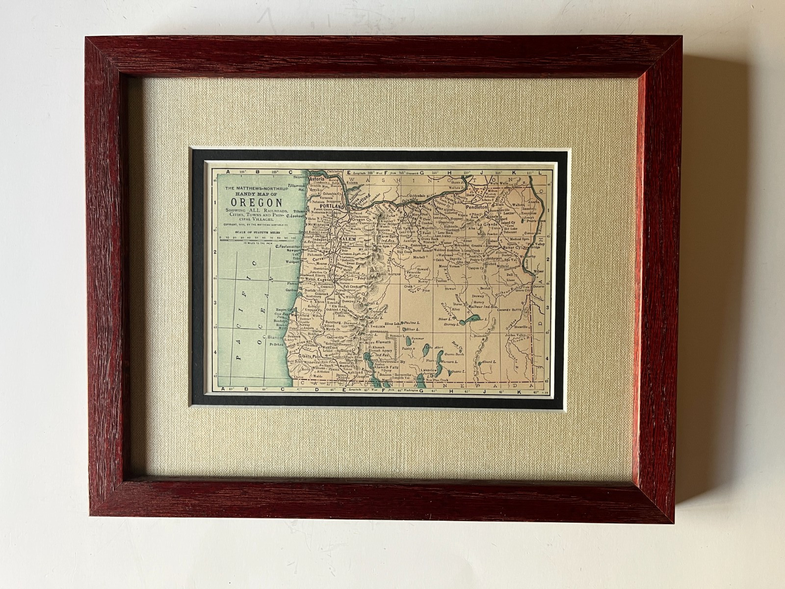 1898 OREGON State Map w/Indian Reservations, Framed w/Dbl Mat SEE DESCRIP
