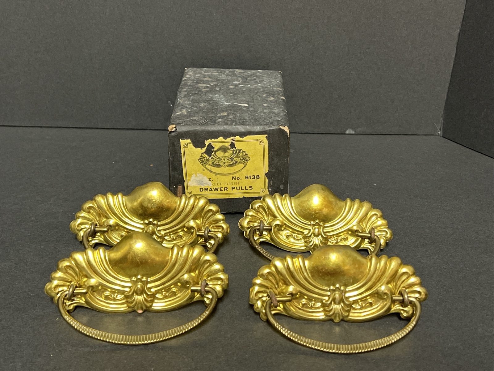 4 Antique, Gold Guilt Finish Drawer Pulls No. 6138 With Box ￼NEW OLD STOCK