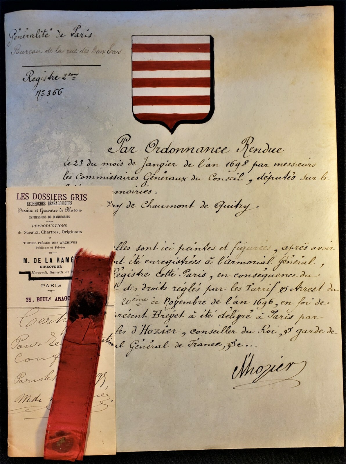 PROOF OF NOBILITY PARCHMENT 1696 Awarded by Charles d’Hozier Advisor to the King