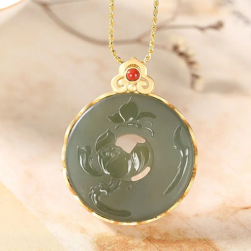 Natural Hetian Gray Jade Lotus Pendant Inlaid S925 Sterling Silver Gilding