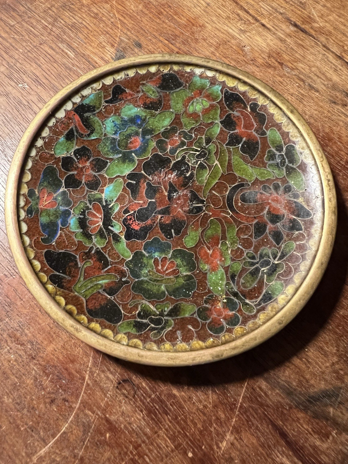 Antique Chinese Cloisonné Brass Enamel Display Plate 4.25” Floral Rust Red