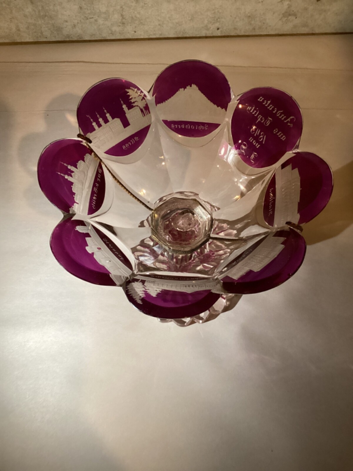 1843 Biedermeier Czech Bohemian 7” Purple Glass With Names & Landmarks