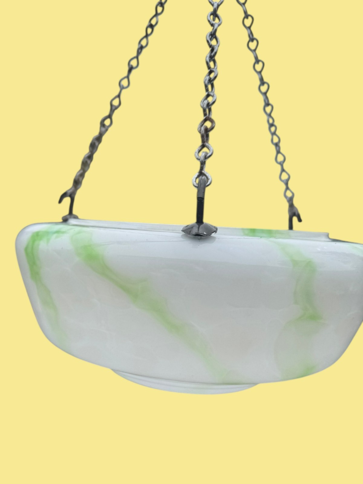 Art Deco 1930s Large Ceiling Plaffonier Flycatcher Shade Lamp Green & White
