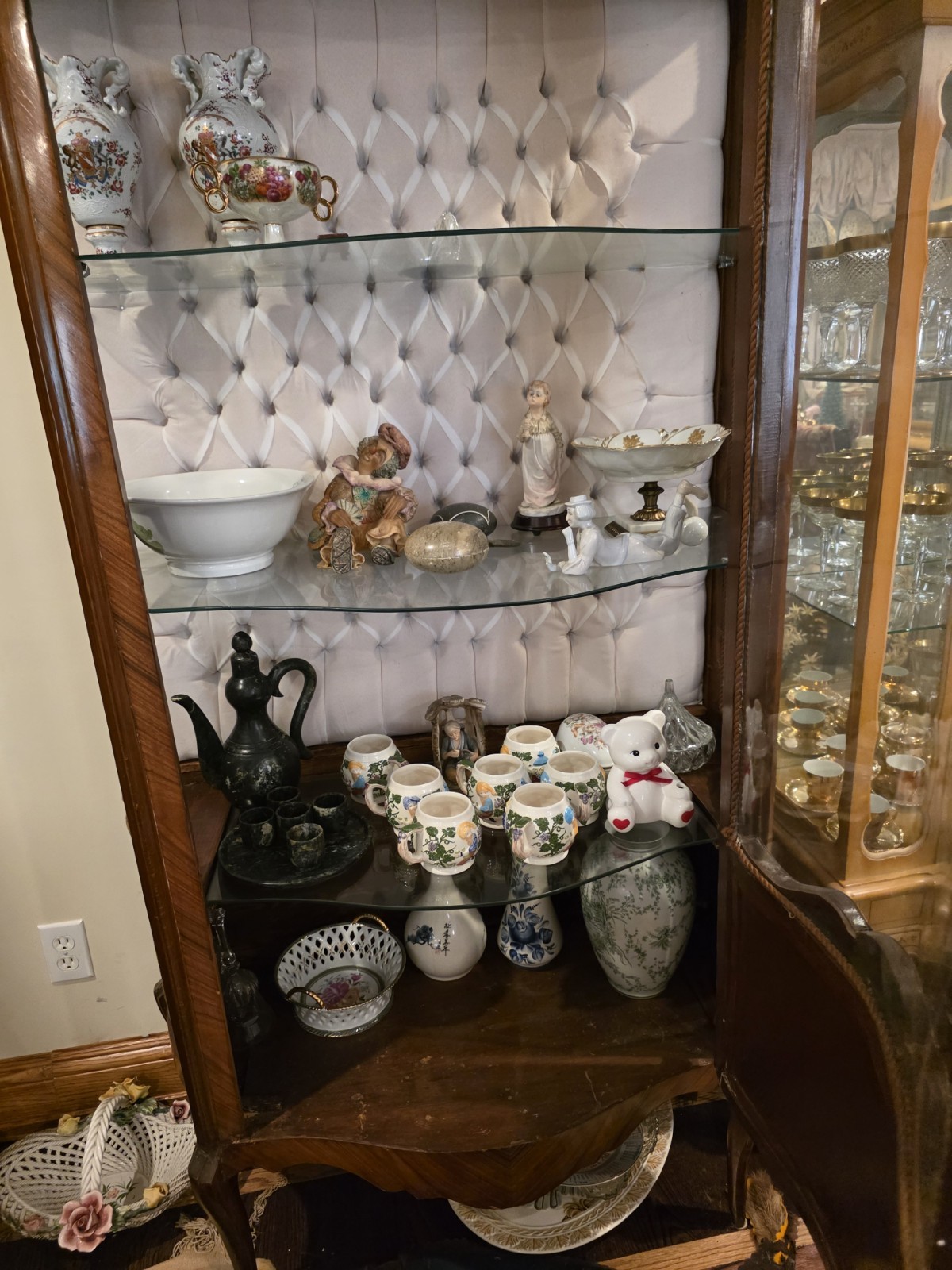 Vintage China Cabinet Vitrine with Curved Glass Brass Accents and Key