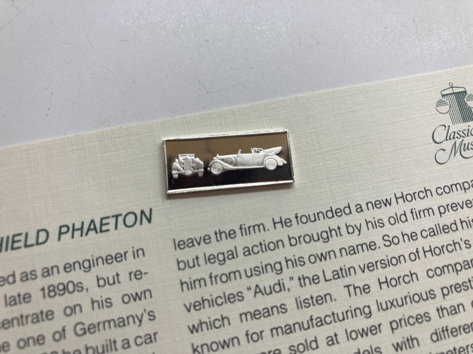 1980 Franklin Mint Official Classic Car Collection Silver Ingot Horch Dual