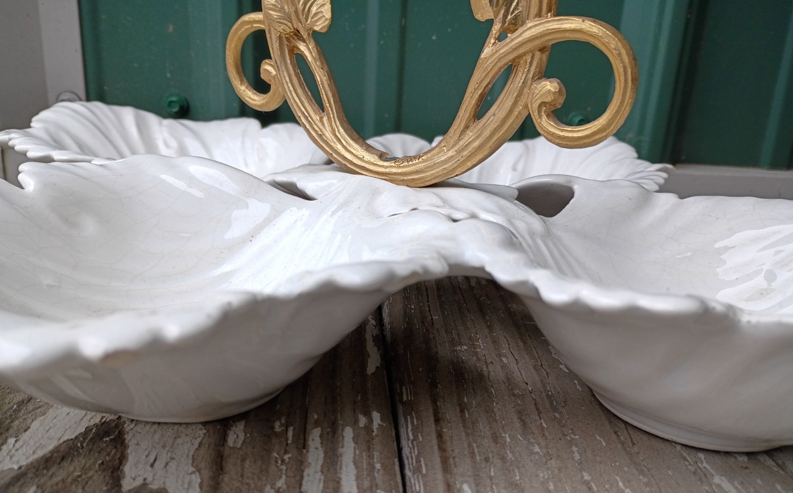VtgCaliforniaPottery4LeafSectionDishBrassFiligreeOrnate#404FrenchVictorian60s70s