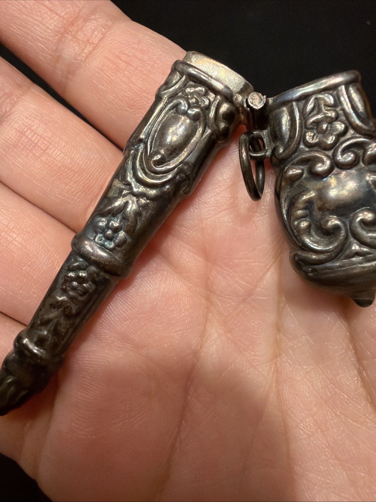 Antique Sterling Silver Needle Case – Crown Top, Repoussé Design, c.19th Century