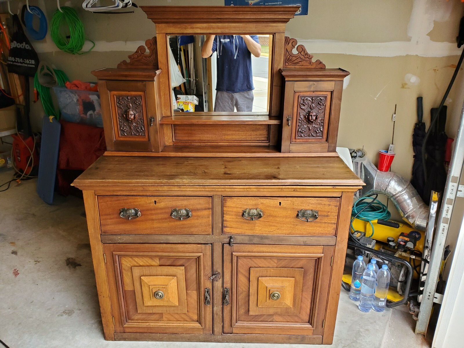 Antique 18th Century Victorian Buffet. Top piece with mirror/Hand Carved accents