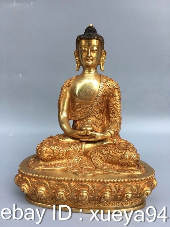 8.8″ Old Tibetan Pure Bronze Gilt Shakyamuni Sakyamuni Amitabha Buddha Statue