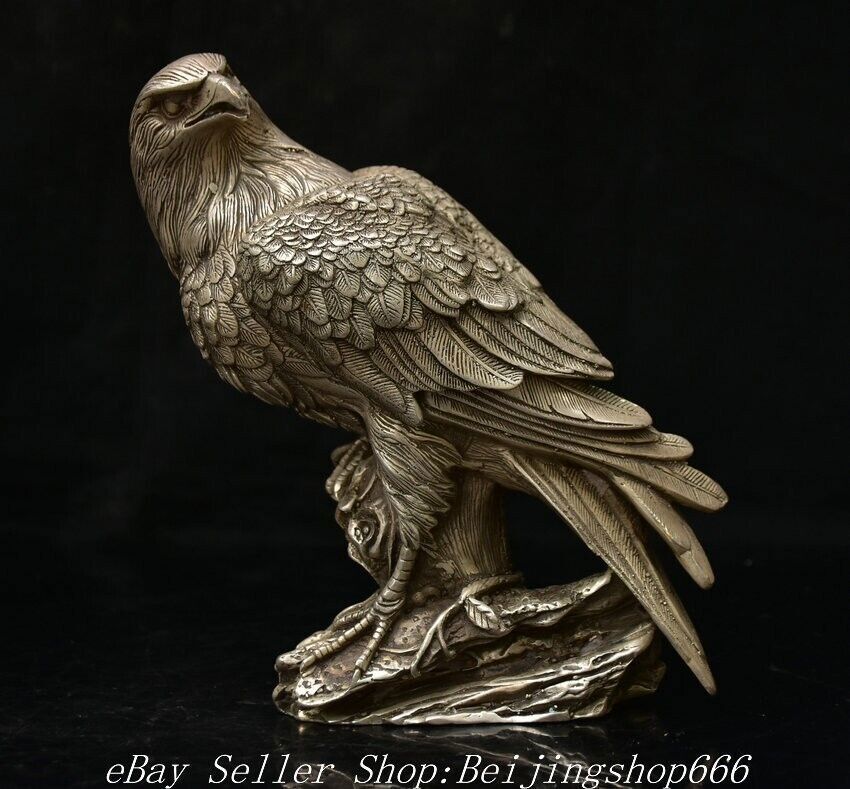 8″ Marked Old Chinese Copper Silver Fengshui Eagle Bird incense burner Statue