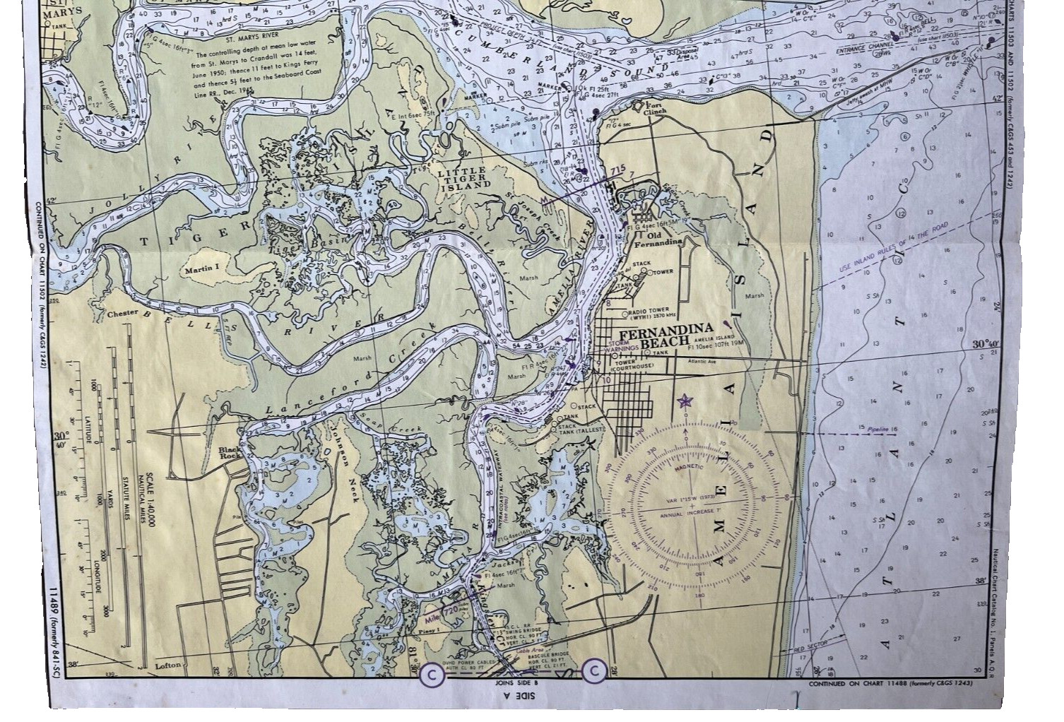 Vintage 1975 Nautical Chart St Simons Sound Tolomato River Amelia Isle. Waterway