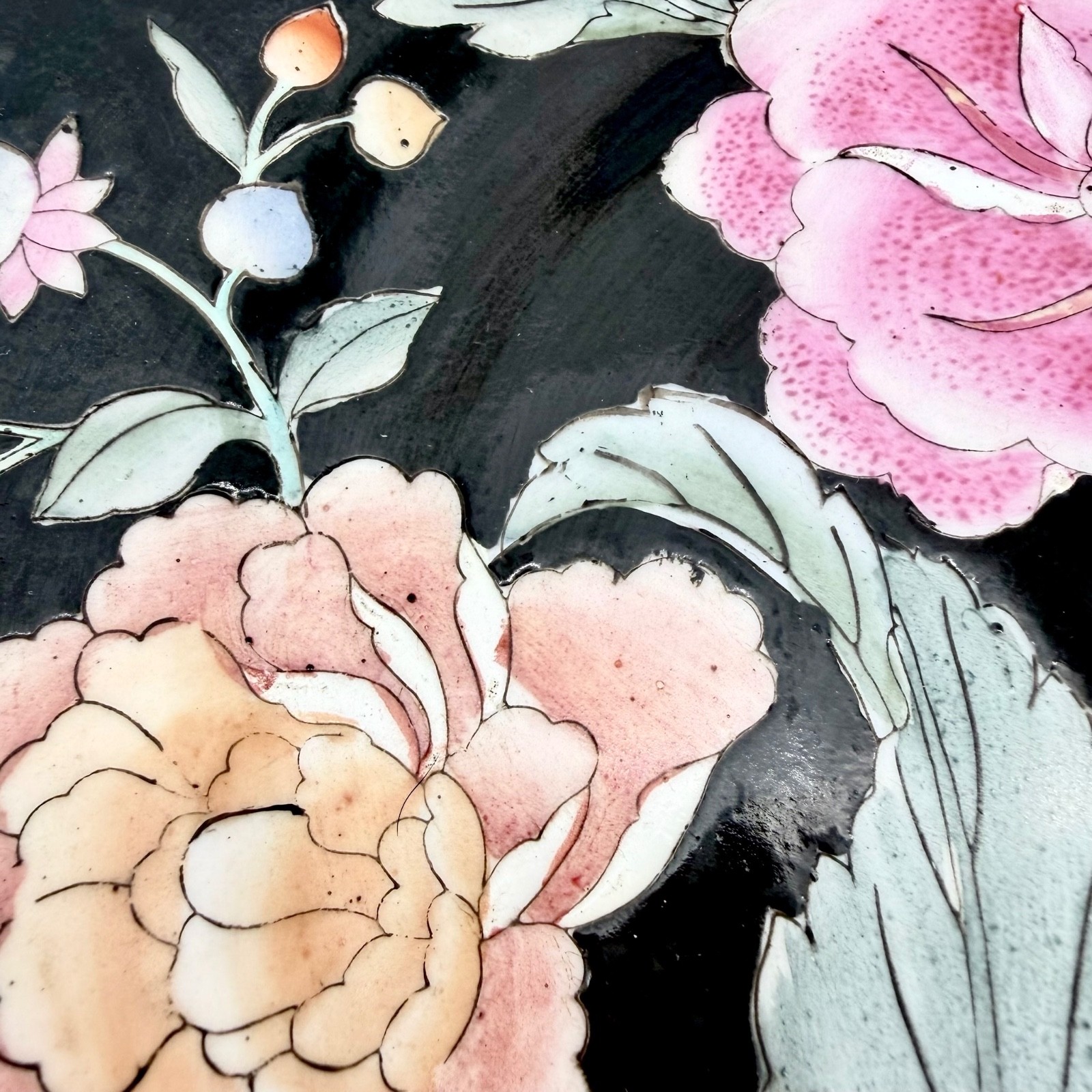 Vintage HFP Macau Enamel Porcelain Plate Famille Noire Peony Floral Wildwood 9″