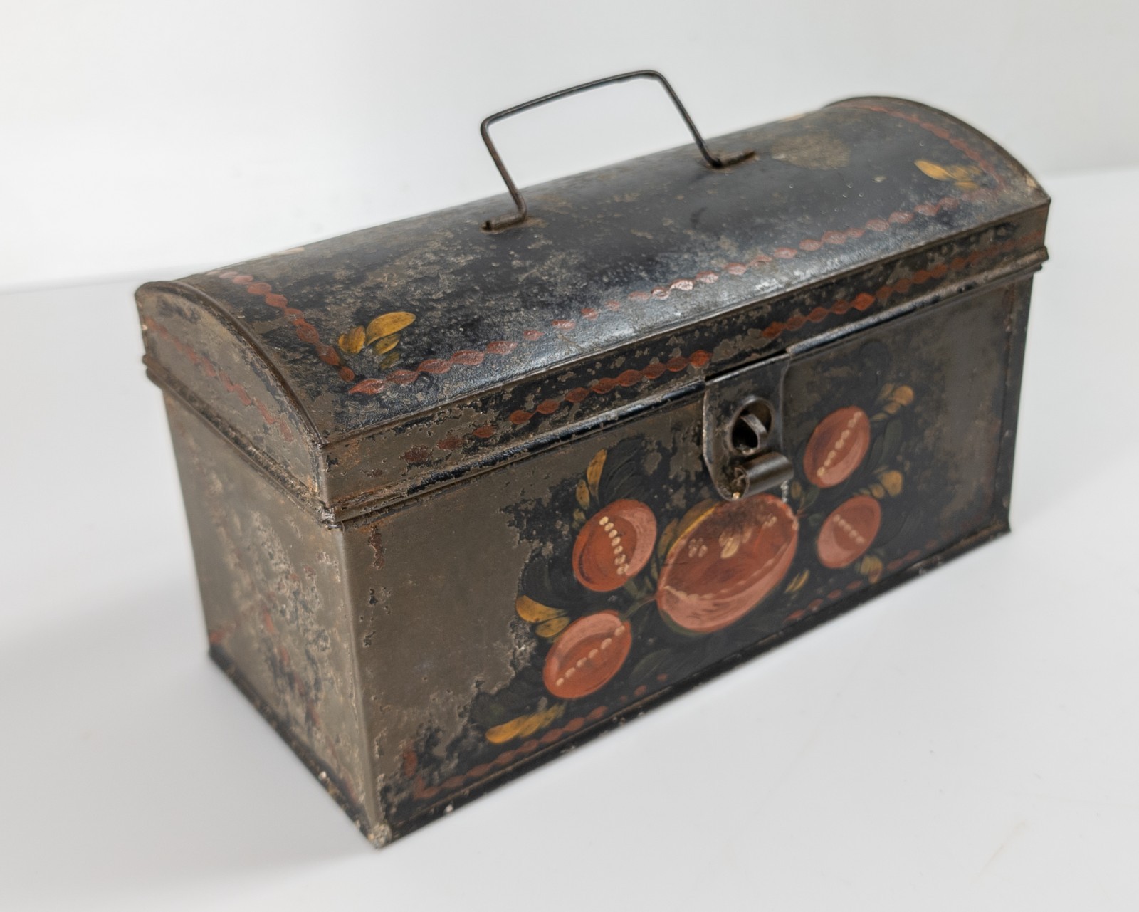 Antique 19th C. Rustic Painted Toleware Tin Box with Painting