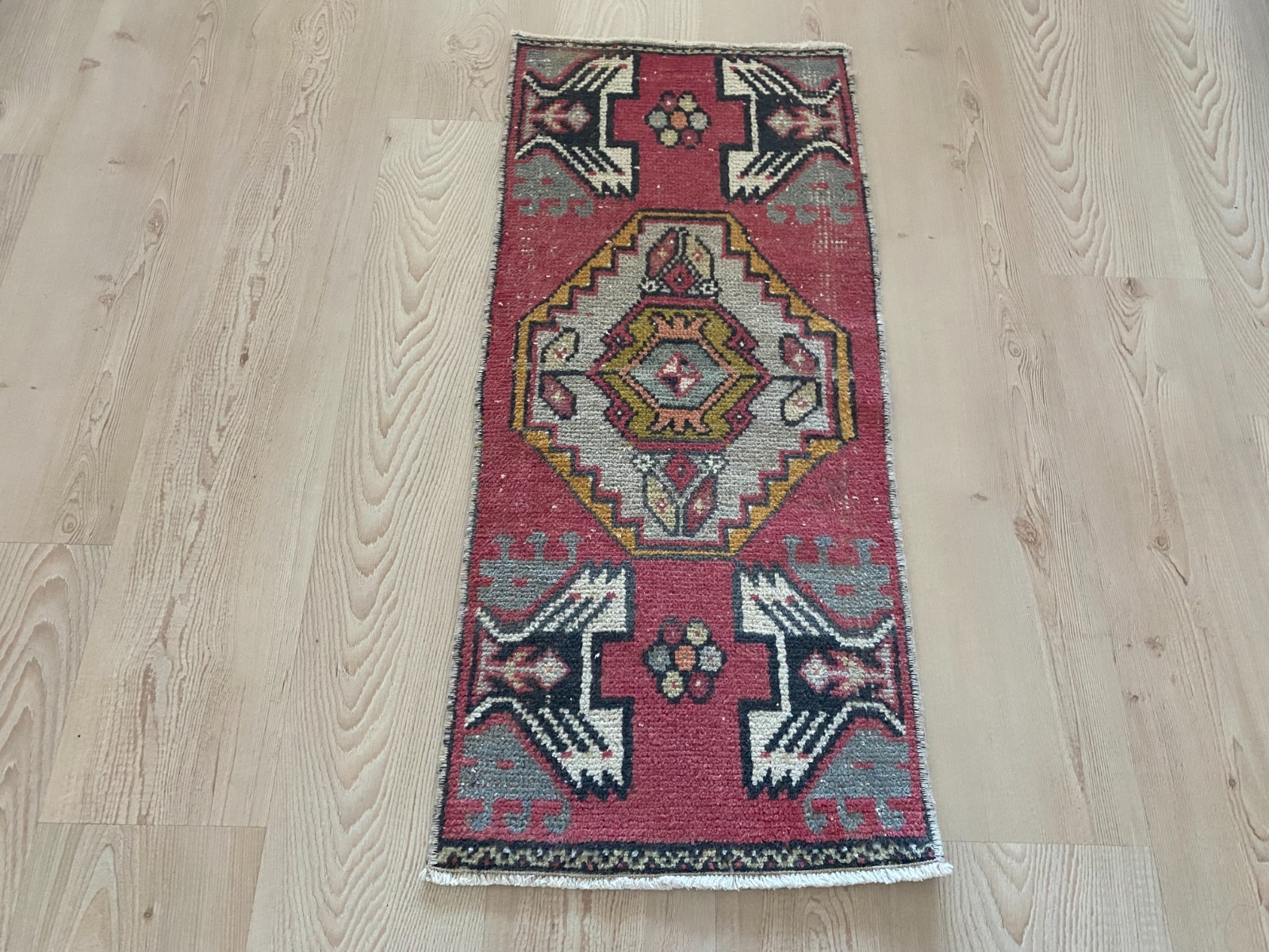 Vintage Turkish Small Rug 1.4×3.2 ft Bold Red Geometric Design Oushak Wool