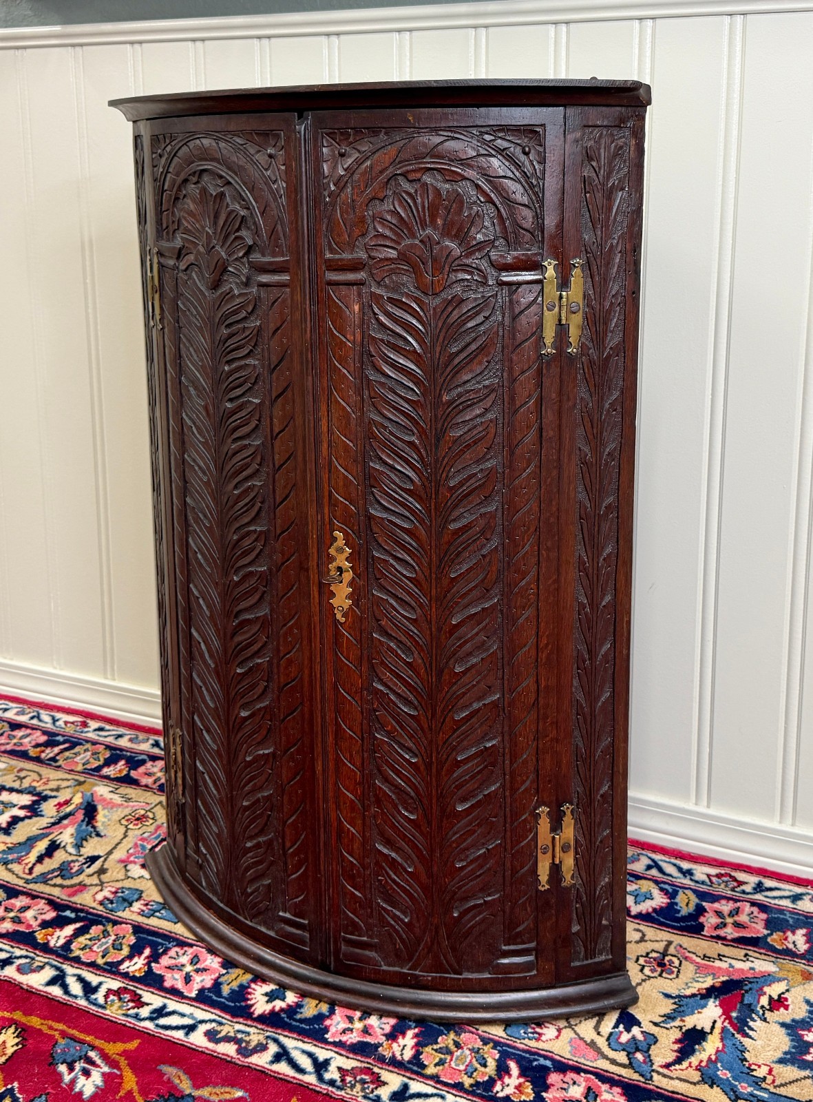 Antique English Corner Cabinet Carved Oak Hanging Wall Cabinet Storage 19C